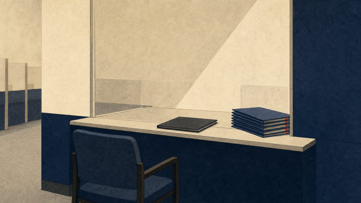 Illustration of an empty insurance sales counter in a Japanese bank branch, evoking a paused sales operation.