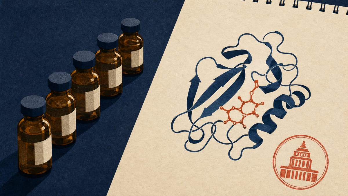 Illustration of laboratory vials and a molecular diagram representing a cancer drug candidate, alongside a regulatory stamp motif.