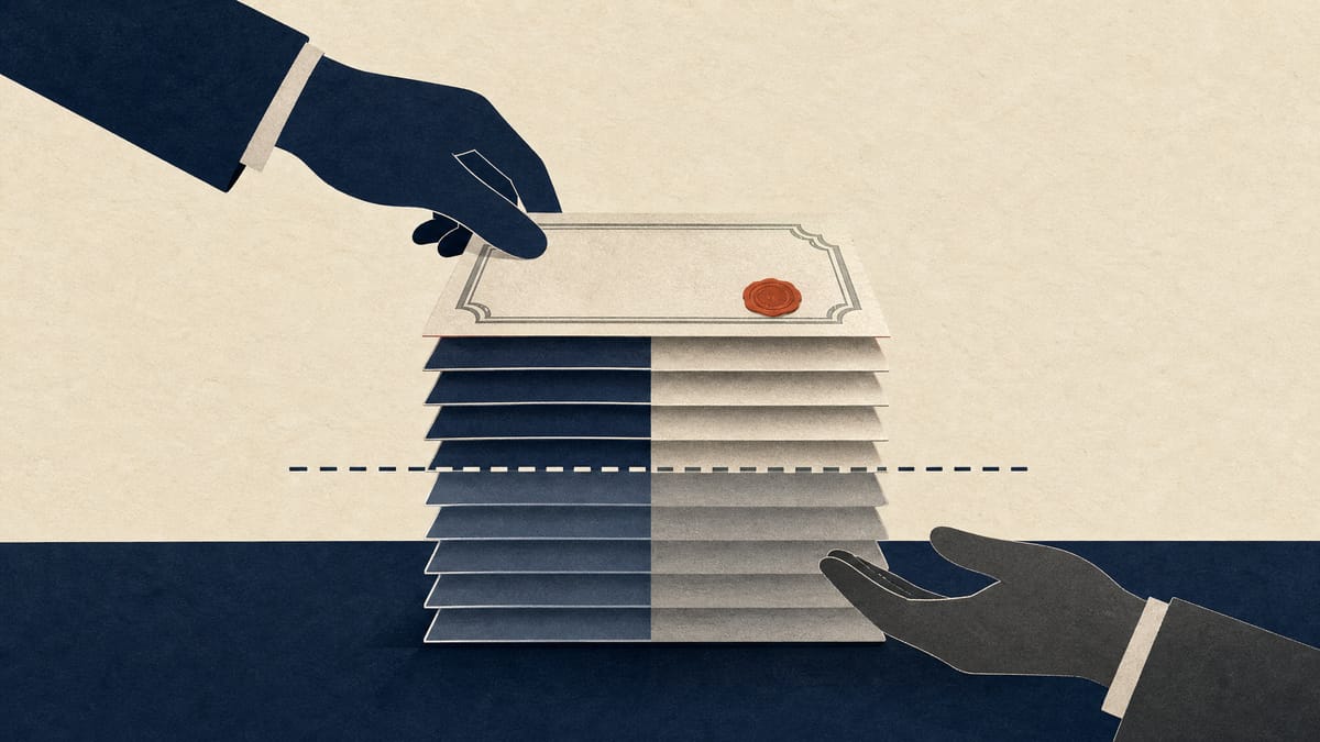 Illustration of stacked ownership certificates resembling building floors, with a shaded threshold line representing a controlling stake, symbolizing a real estate investment trust tender offer.