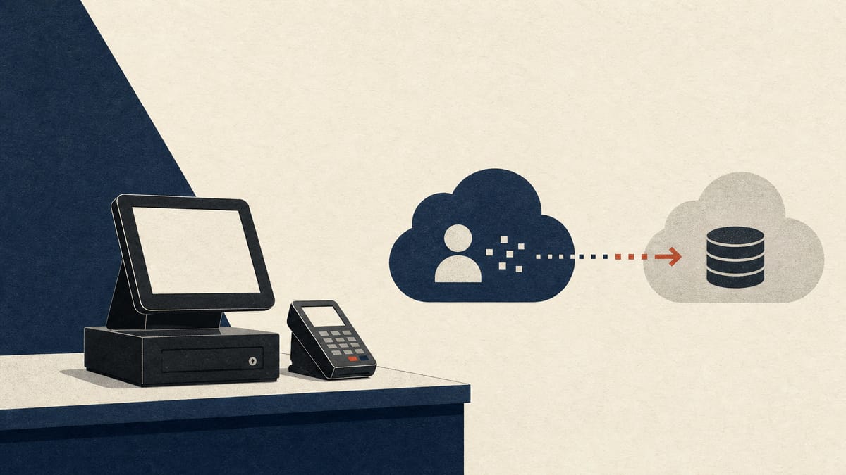 Illustration of a store checkout terminal beside a simple diagram showing customer data migrating from one cloud POS service to another.