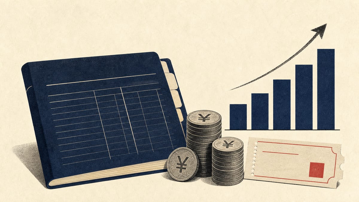 Editorial illustration of a regional bank ledger, coin stacks and a rising bar chart representing higher loan interest income and an increased dividend.