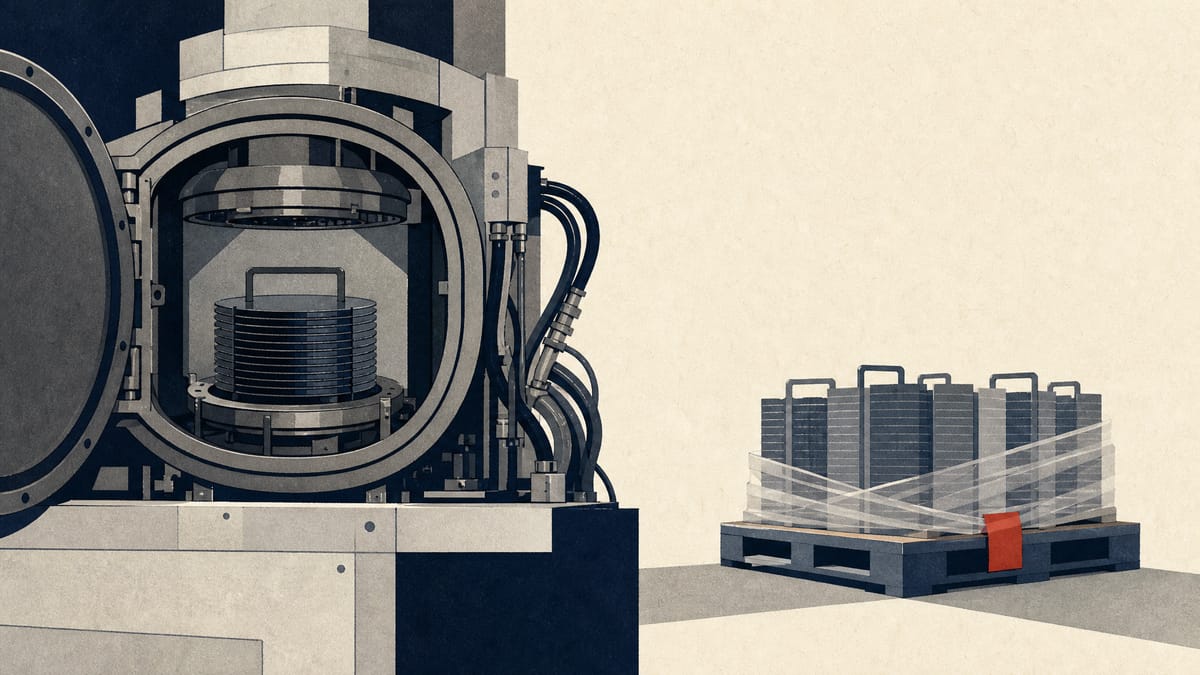 Editorial illustration of vacuum-deposition semiconductor equipment and stacked components on a factory floor, representing an equipment maker's order backlog and production constraints.