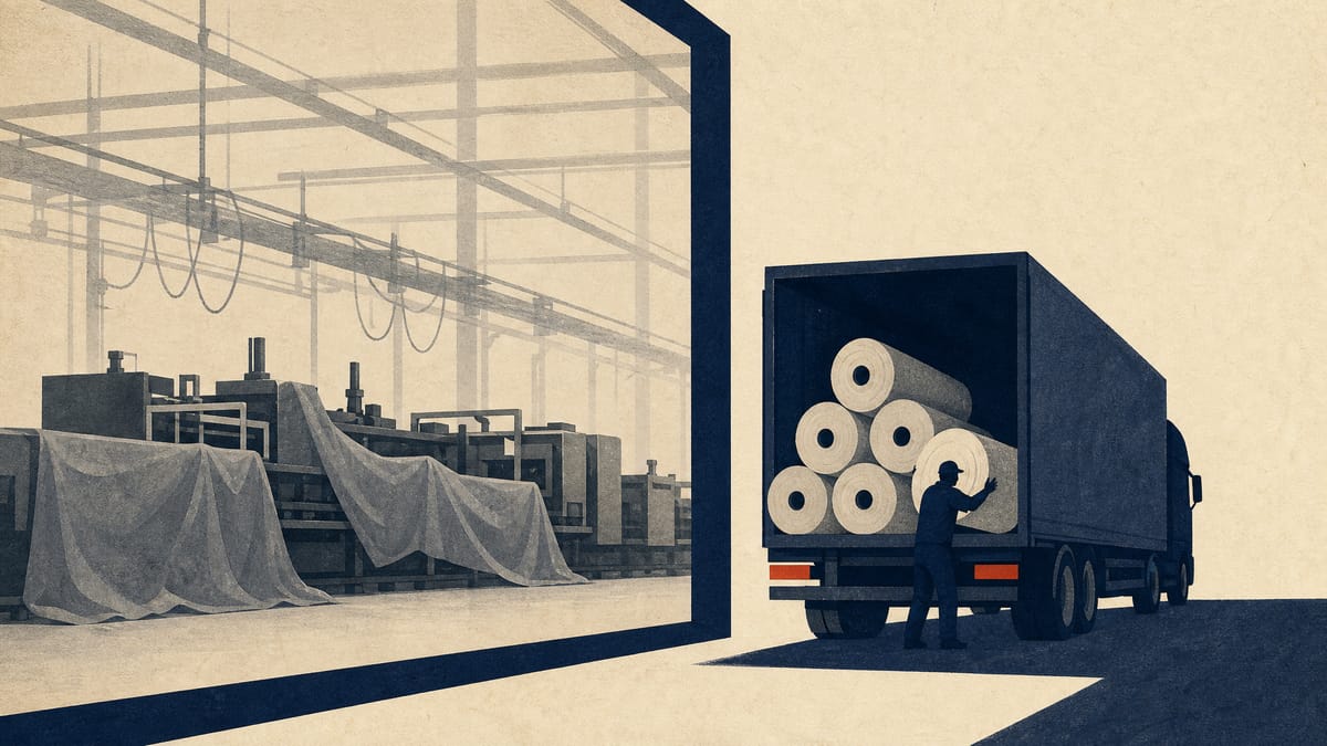 生産を縮小する車輌内装材工場を描いたイラストで、生地ロールが別拠点への移送のために積み込まれている様子を示す。