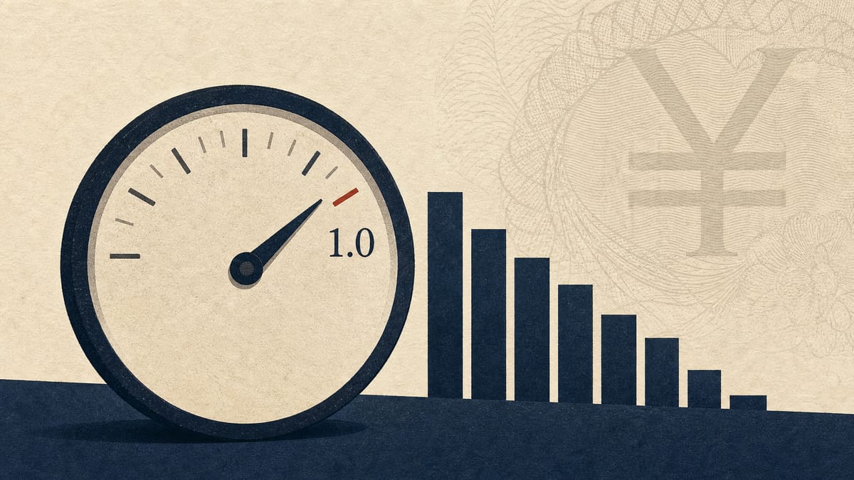 日銀の7月の政策設定を表す、1.0%近辺を示す金利ゲージと月間債券買い入れ額の減少を示す棒グラフのイラスト。