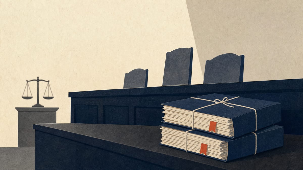 法廷のベンチに積み上げられた訴訟記録と背景の天秤(正義の象徴)を描いた編集イラストで、企業の損害賠償訴訟において進行中の控訴を表している。