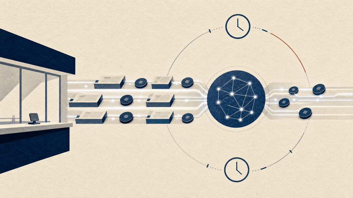 Illustration of digital payment ledger blocks flowing along data lines between a bank counter and a central settlement node, symbolizing round-the-clock on-chain payment infrastructure.