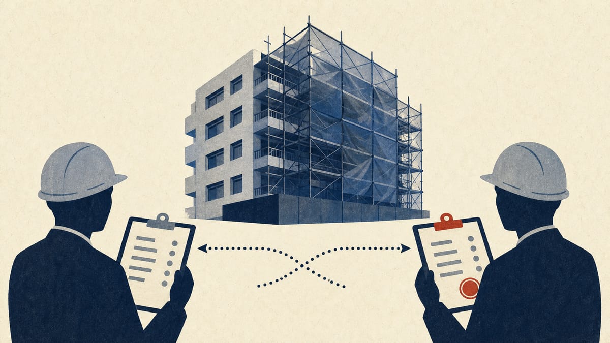 マンションの足場に点線で結ばれた見積書類が二人のヘルメット姿の人物の間を行き来する様子を描いた、大規模修繕工事における談合を象徴する編集イラスト。