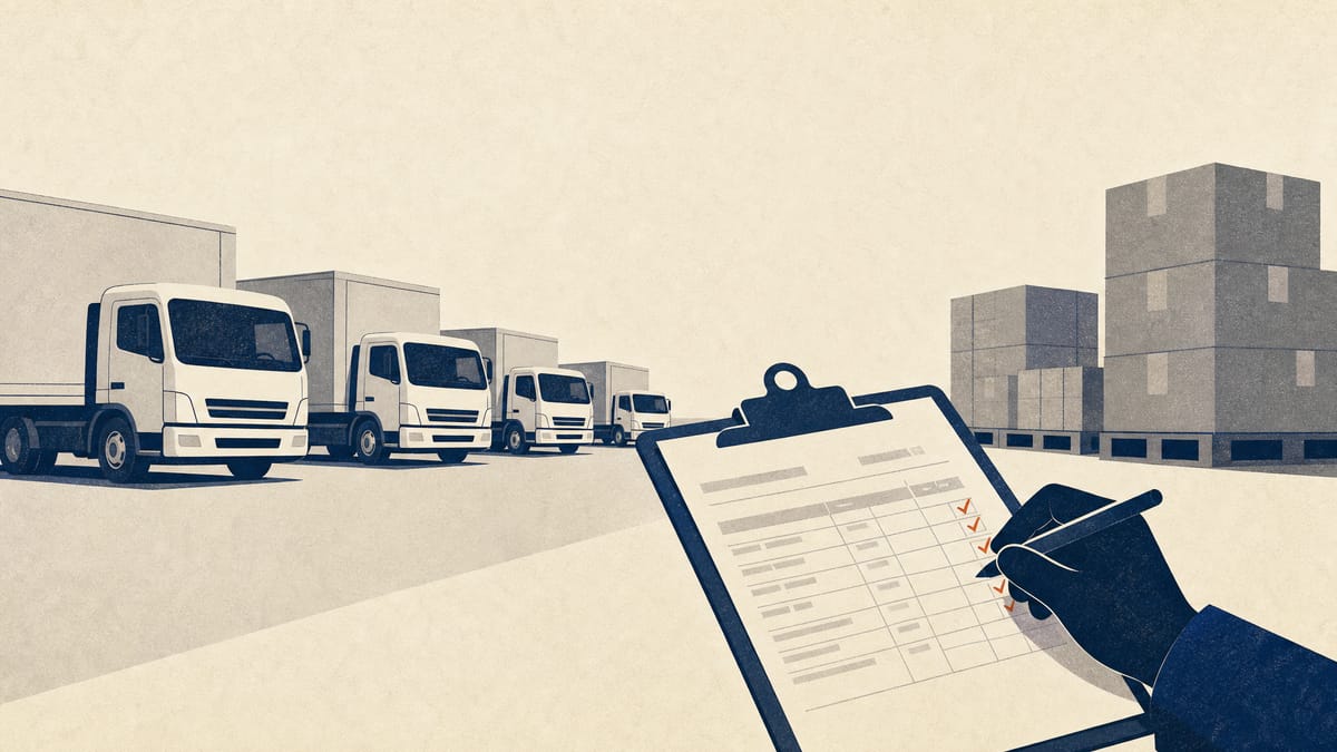 Illustration of a logistics yard with delivery trucks, cargo pallets and a shipping manifest, representing regional freight-contract compliance patrols.