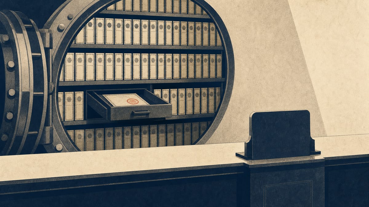 Editorial illustration of a bank vault with bond certificates filling most of the shelving and a ledger drawer marked for a new capital injection, symbolizing a concentrated securities portfolio and incoming public funds.