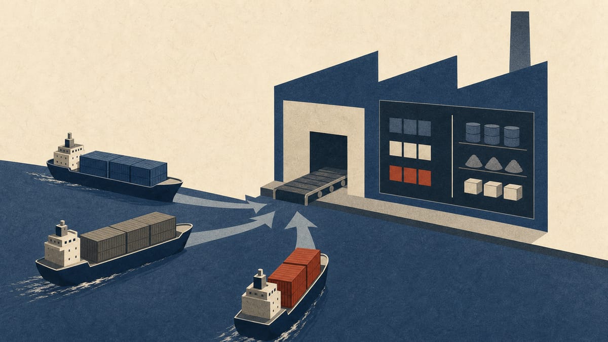 Illustration of shipping containers from multiple overseas sources arriving at a factory dock beside an inventory tracking board, representing supply-chain disclosure requirements.