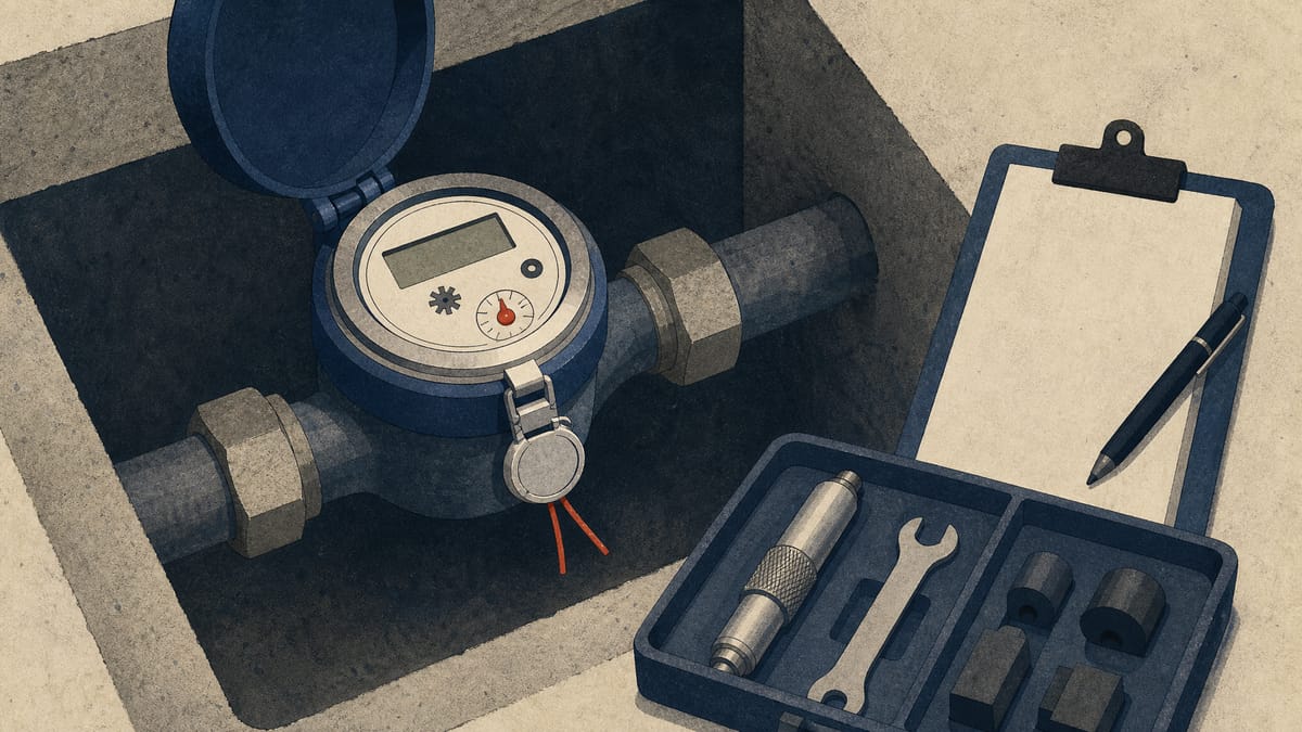 A water utility meter with a verification seal mounted on a pipe, representing Japan's certification rules for water meters.