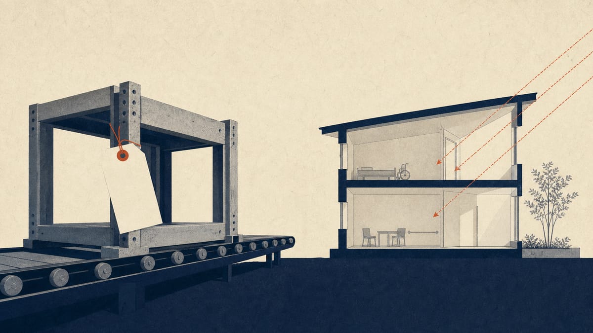 工場のラインに並ぶプレハブ構造部材と、窓の開口部や採光角度を示す建築模型が並び、建設分野における新たな認証制度と採光規制の変更を表している。