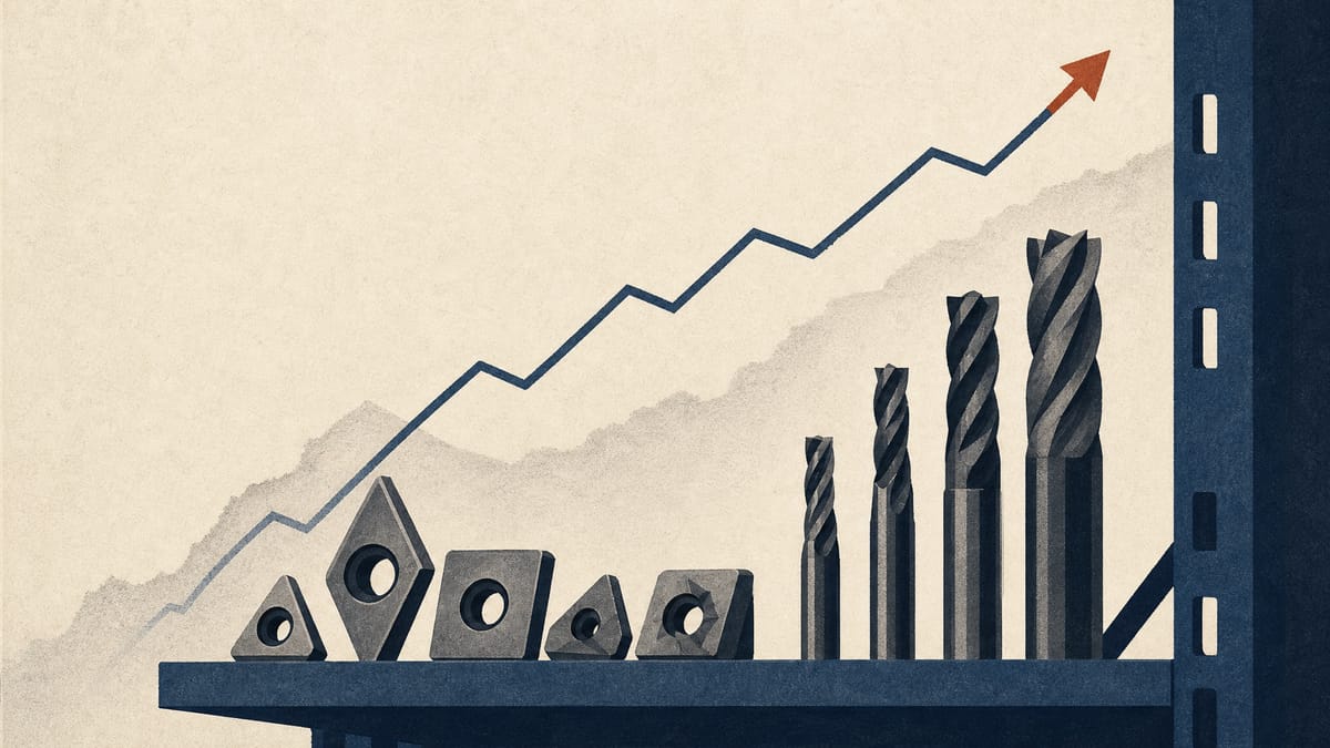 倉庫の棚に並ぶ超硬合金製切削工具インサートと、うっすらと描かれた上昇基調の価格グラフ―原材料コスト圧力を想起させる