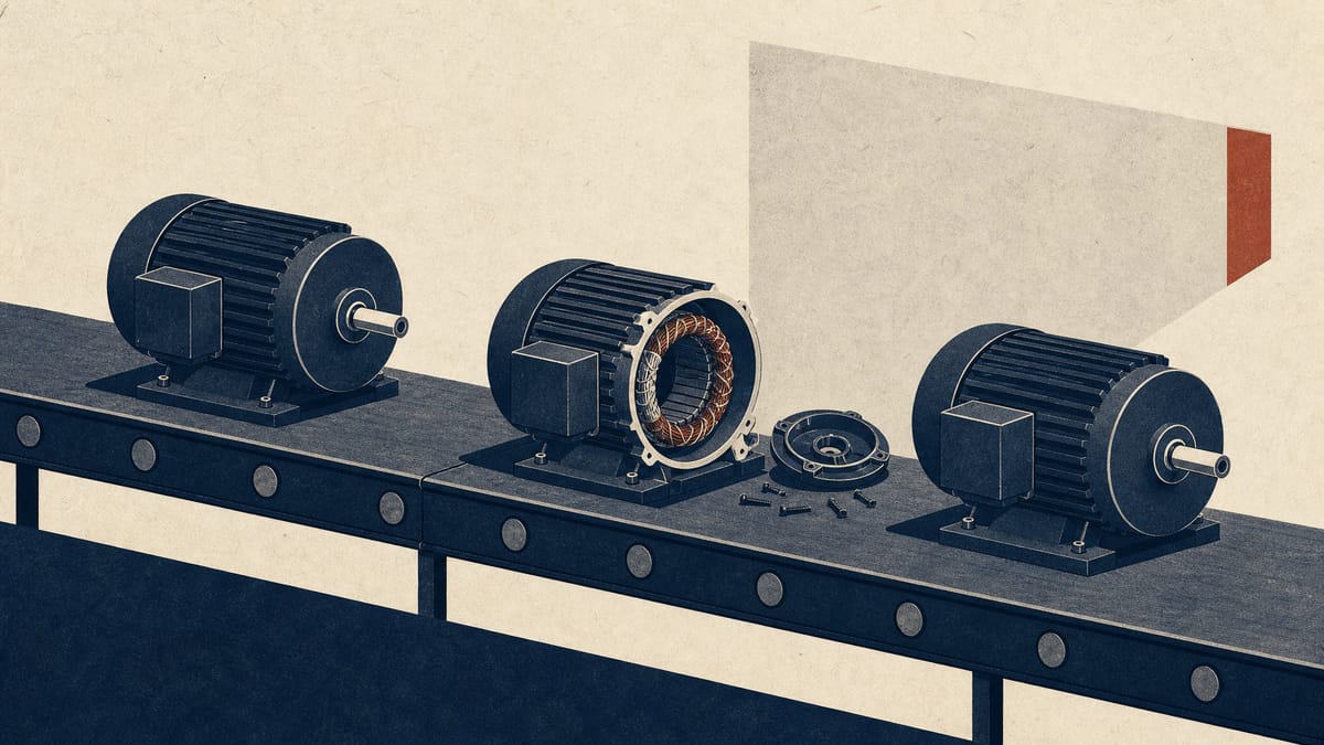 モーターの組立ラインで1台が分解された様子を描いたイラスト、社内の検証を想起させる構図