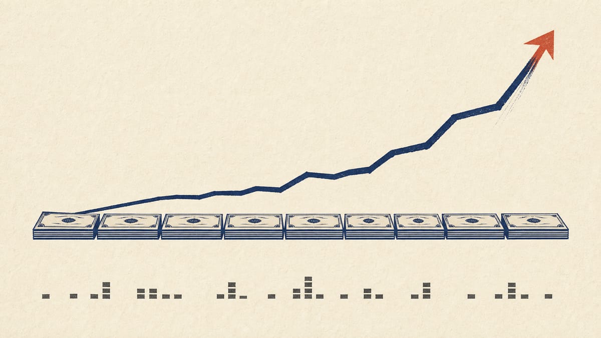 Illustration of a steady net-asset-value line built from bond shapes diverging sharply from a higher exchange price line, with a thin row of order blocks showing low trading volume.