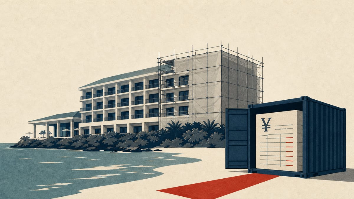 Illustration of a coastal resort hotel with one wing under renovation scaffolding beside a stylized ledger container representing a financed property swap.