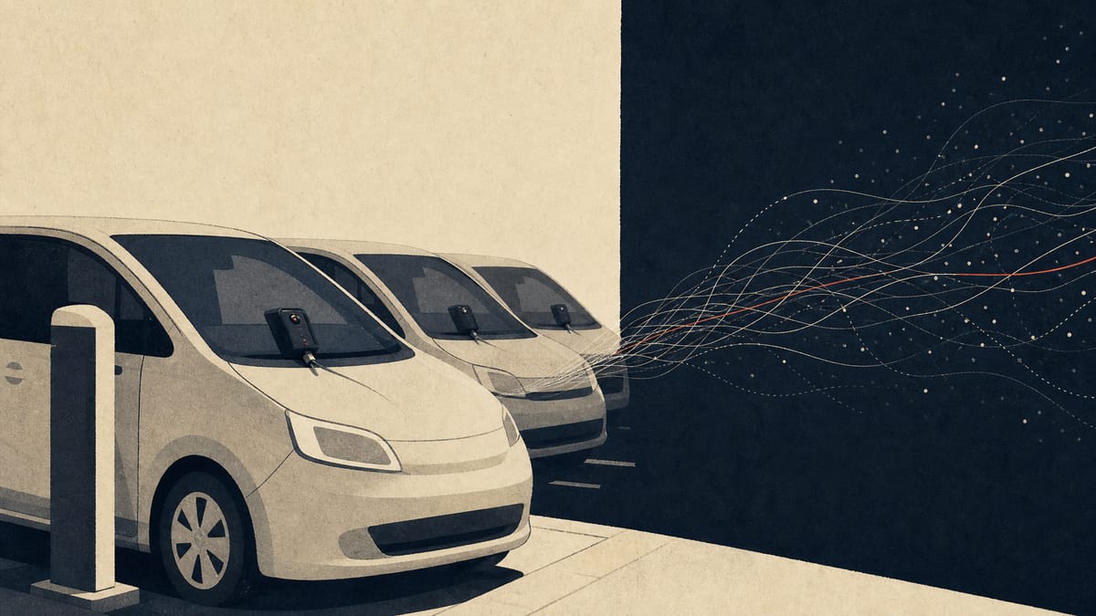 Editorial illustration of a shared car at a curbside car-sharing station with abstract data lines unraveling from its keyless entry box, symbolizing a digital security breach.