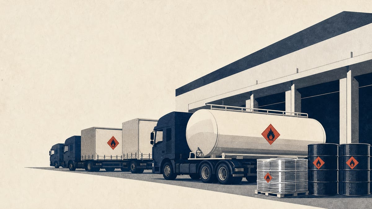 Illustration of tanker trucks and hazardous-materials placarded trailers lined up at a chemical logistics depot loading dock.