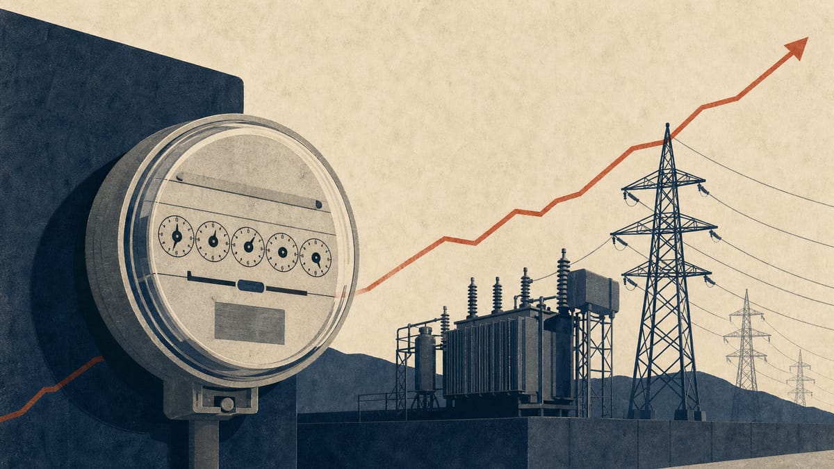 Illustration of a residential electricity meter and transmission infrastructure suggesting rising utility tariffs.