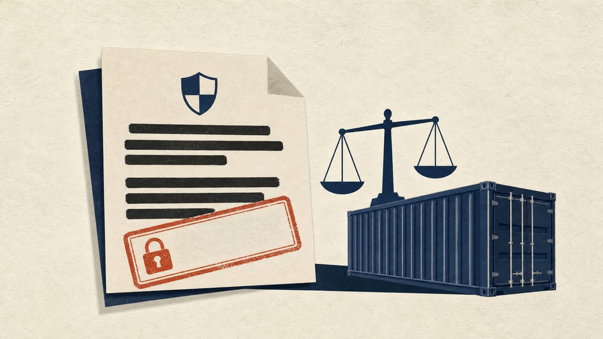 Illustration of redacted insurance policy pages under a confidentiality stamp, with a small scales-of-justice icon and a shipping container shape symbolizing the insurance dispute.