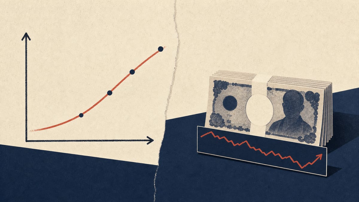 Editorial illustration of a rising bond-yield line graph beside stacked yen banknotes and a currency exchange ticker, representing Japan's higher interest rates and a weaker yen.