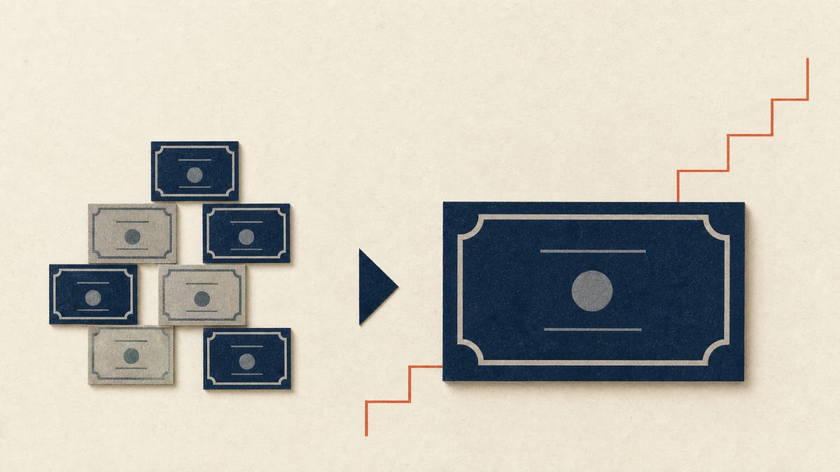 Illustration of small ownership blocks merging into one larger block beside a rising price line, symbolizing a company being taken private through a repeatedly raised tender offer.