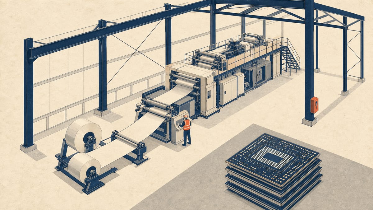 建設中の塗工ライン工場棟を描いた編集用イラスト。ロール・ツー・ロール機械、ラミネートフィルムのロール、積み重ねた半導体パッケージ基板が並ぶ