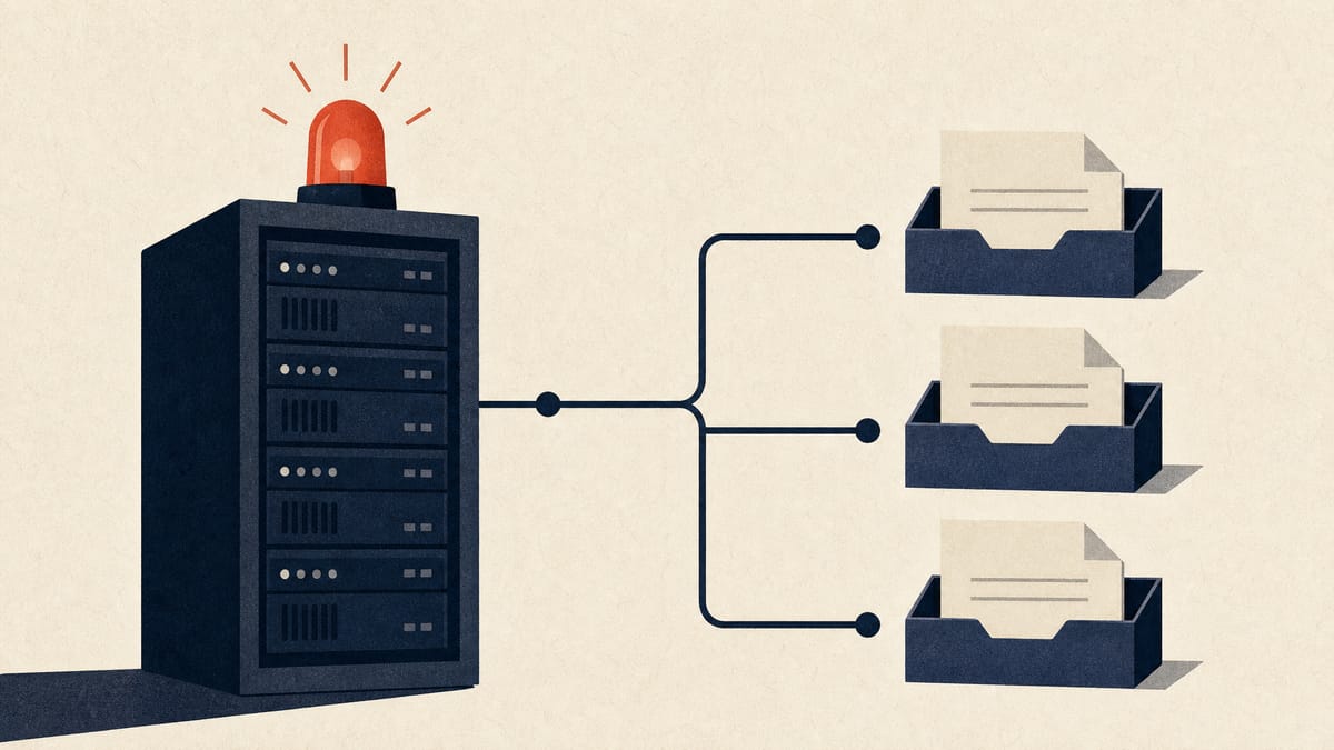 Illustration of a data-breach alert on a server rack routed to multiple separate regulatory reporting channels.