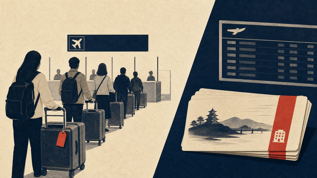 空港の到着ホールで、荷物用カートを押した旅行者が入国審査ブースに並んでいる。