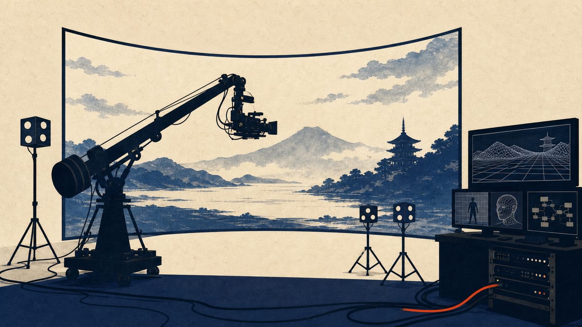 Illustration of a TV production soundstage with a curved LED video wall, a camera crane, and motion-capture markers used for virtual-production filming.