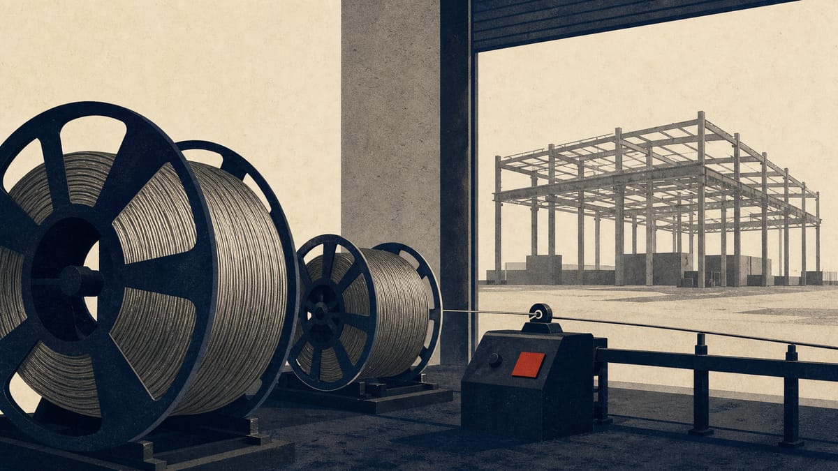 Illustration of a steel wire production line with coiled wire spools beside a partially built factory, representing a Japanese manufacturer's expansion into Vietnam.