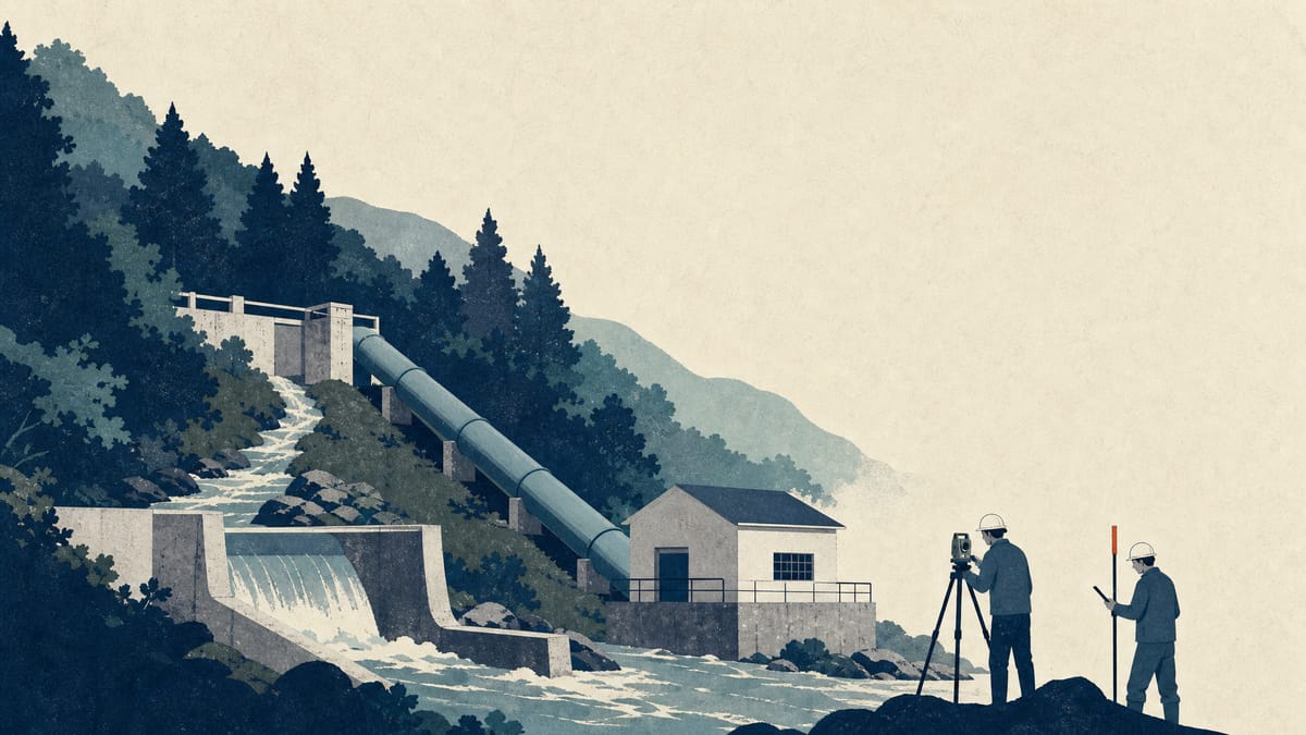 Illustration of engineers surveying a small hydropower intake and penstock pipe on a forested hillside for a feasibility study.