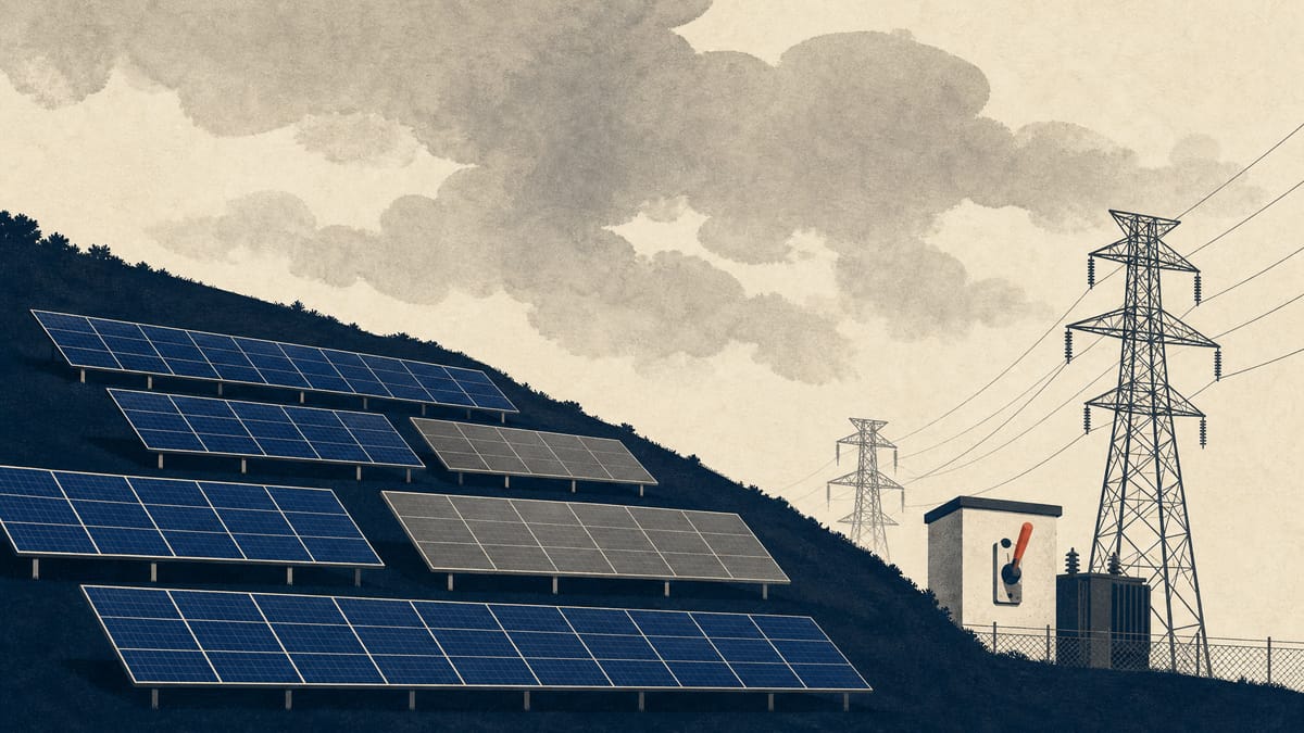 変電所と送電線のそばに並ぶ地上設置型の太陽光パネル。曇り空の下、一部のパネル列を灰色にして出力制御を表現