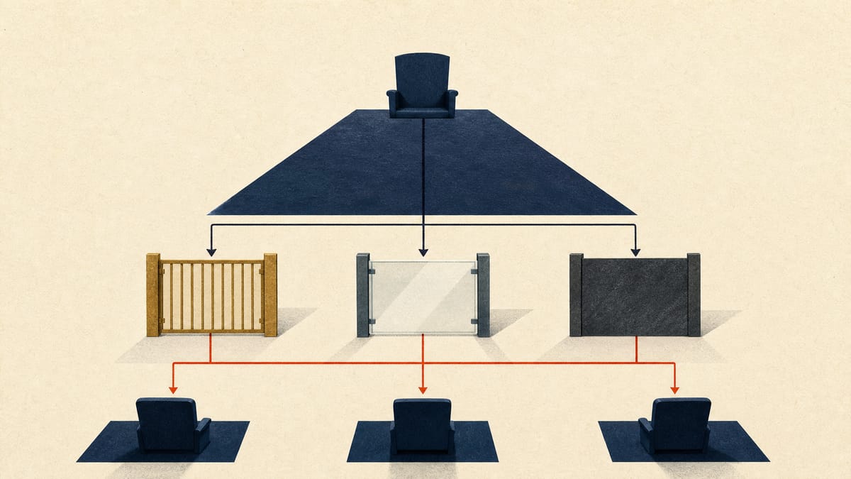 Stylised illustration of a board table where reporting lines from one head chair are rerouted through three separate gates toward outside directors' seats.