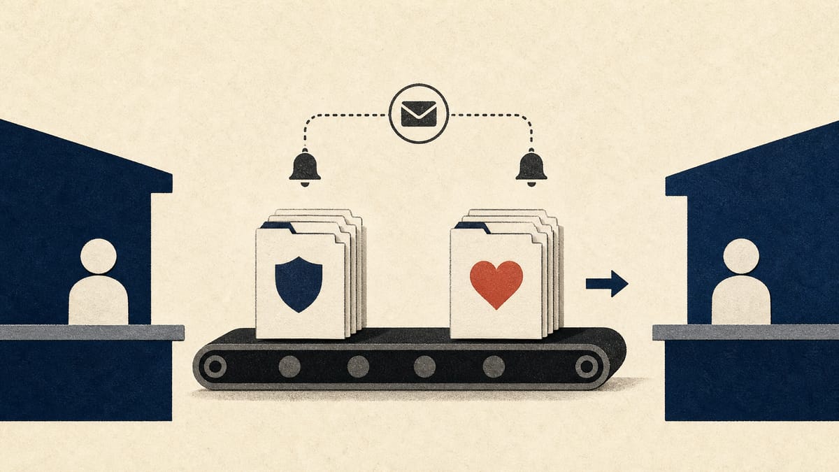 Illustration of two stacks of insurance customer files moving from one agency counter to another, with a diagram of renewal reminders above.