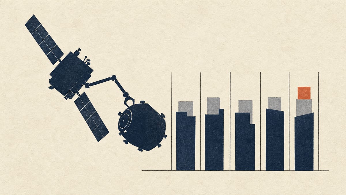 Illustration of a small servicing spacecraft next to a multi-year bar chart, suggesting a contract whose revenue is spread across several years.
