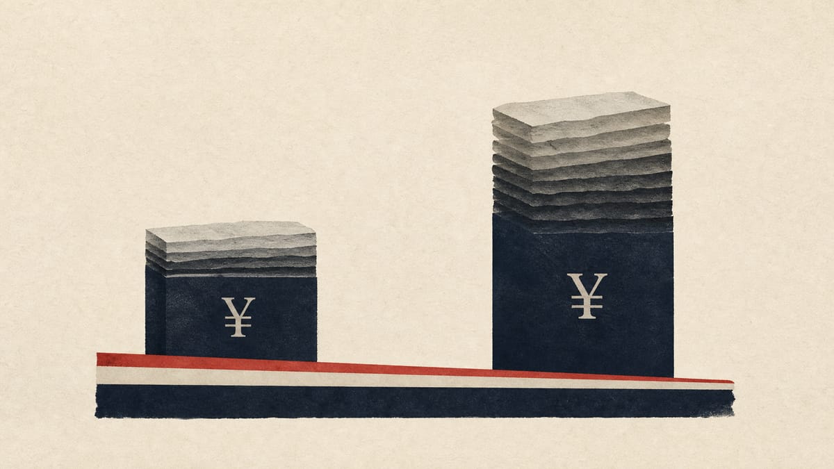Abstract illustration of stacked ledger columns, with a growing provision block above a narrowing margin band.