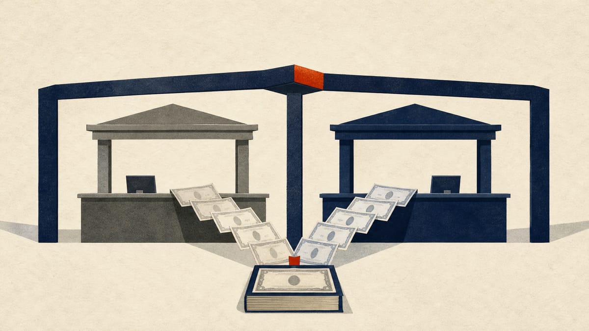 Illustration of two bank counters merging into one frame, with share certificates flowing from two ledgers into a single ledger.