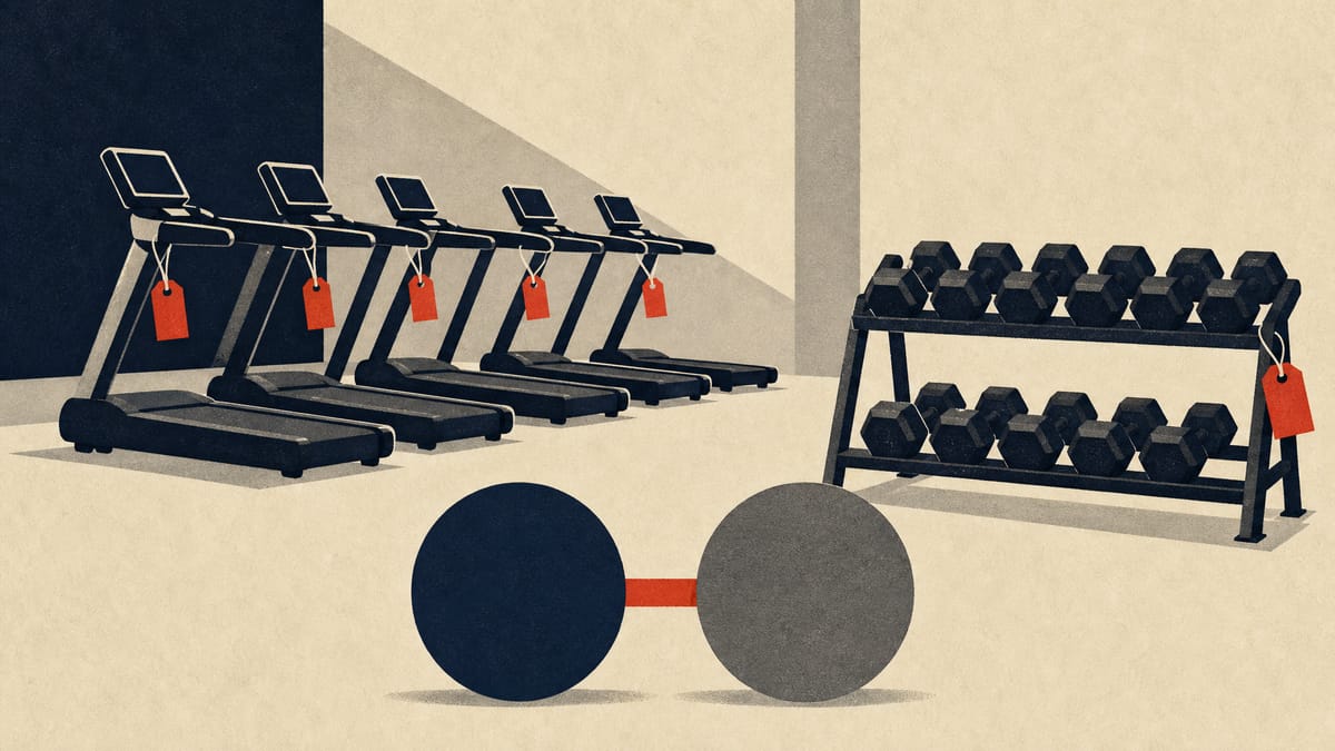 Illustration of a small gym with treadmills and dumbbell racks, tagged for transfer, beside a simple diagram of two linked circles.