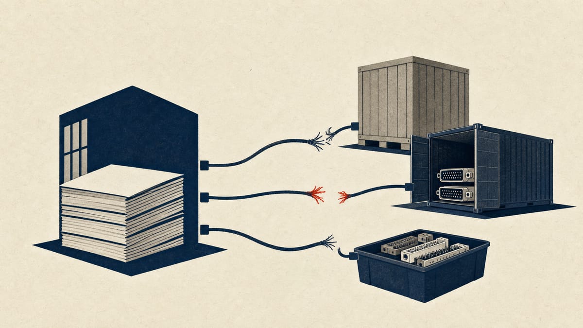 ほつれたケーブルで海外の出荷用木箱や在庫ビンにつながれた本社の帳簿を描き、報告経路の断絶を示唆するイラスト