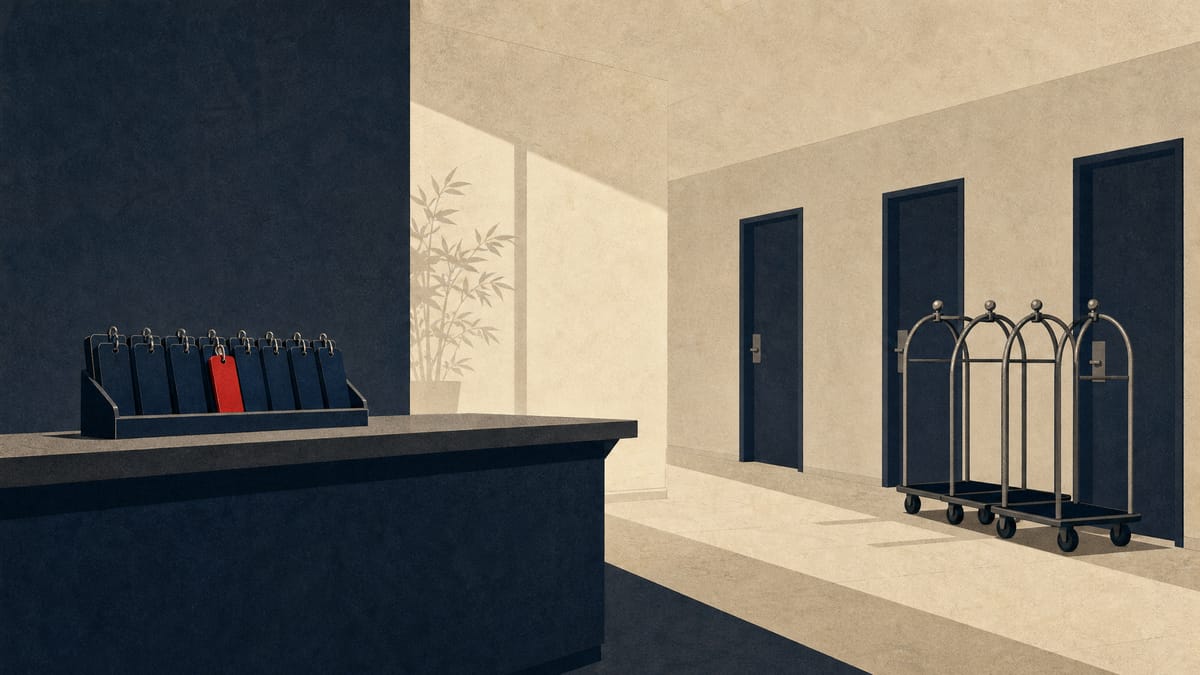 A quiet hotel lobby with idle luggage carts and unused room keys at the reception counter