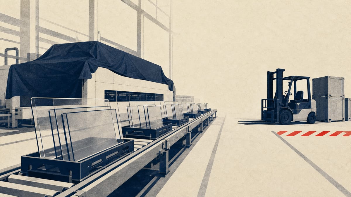 An idle display-panel production line with empty glass-substrate cassettes and covered machinery in a quiet factory hall.