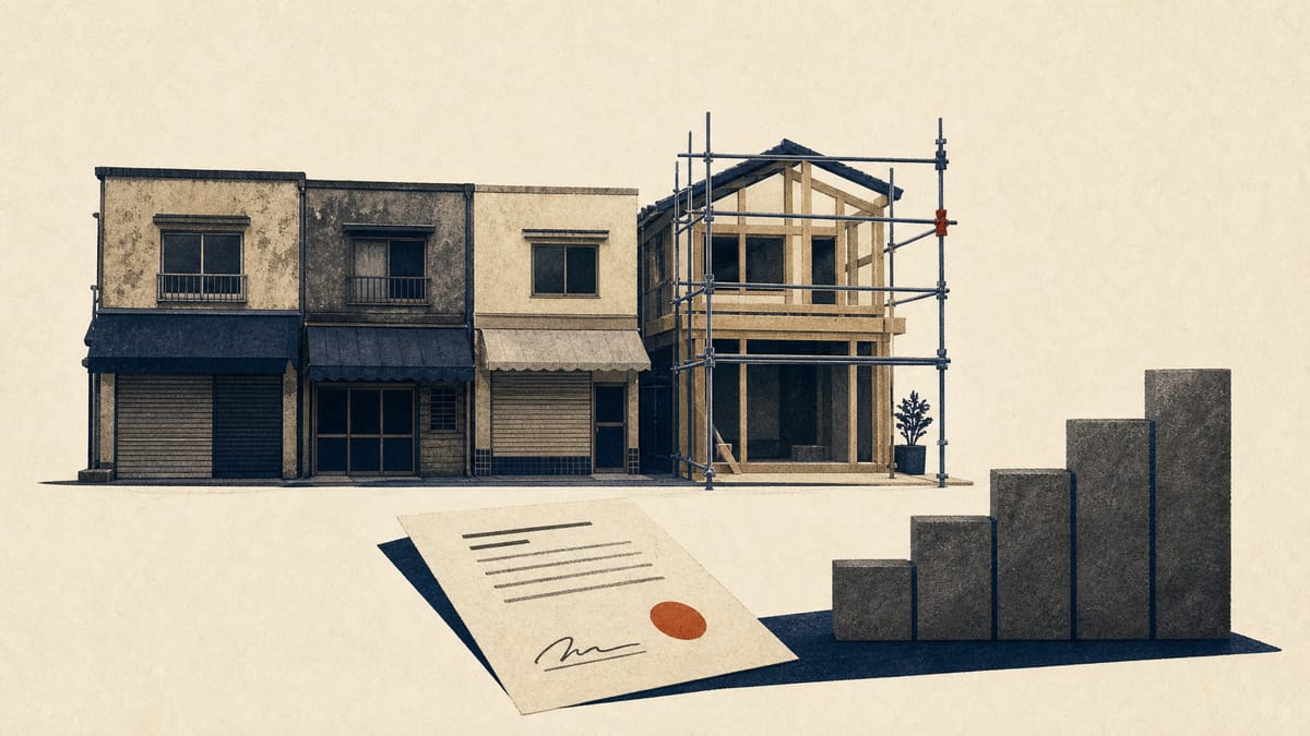静かな通り沿いの古びた店先。1軒は足場を組んで改修中で、脇に家賃が時間とともに上がることを示す階段状のグラフ