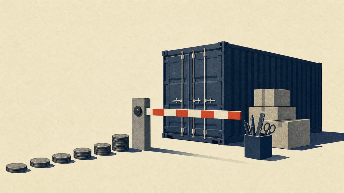 A sealed shipping container behind a checkpoint barrier, with stationery boxes and a line of coins stopped at the barrier.