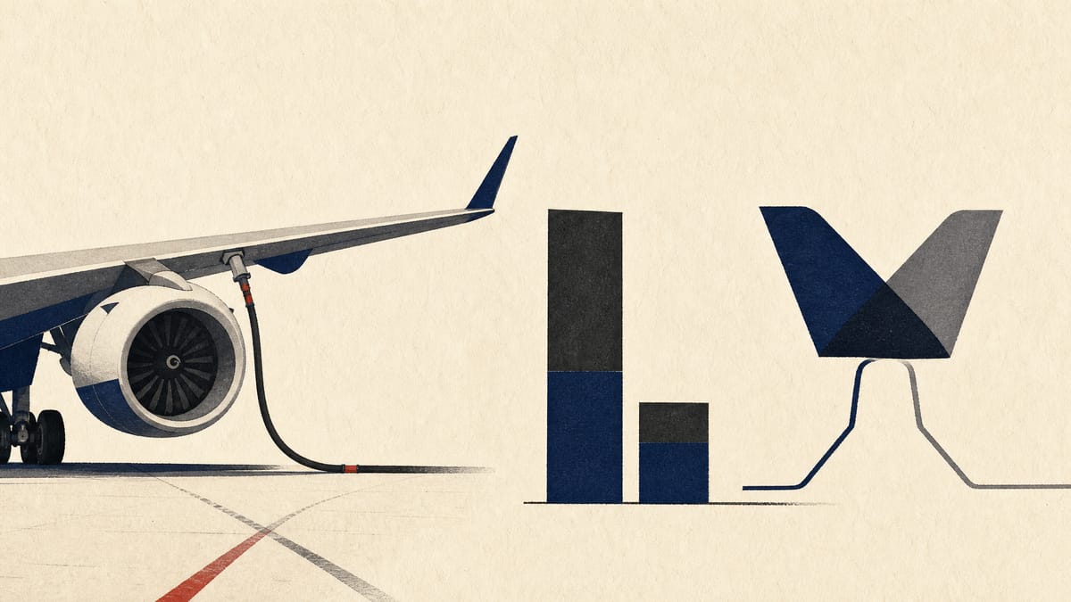 An airliner being refuelled on an apron, with stacked bars showing debt outweighing equity and two tail fins merging into one.