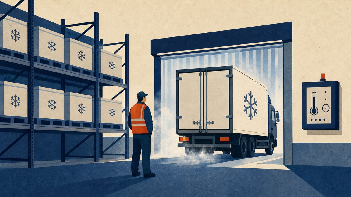 A refrigerated truck at the loading dock of a chilled warehouse, with pallets of insulated food crates on racking.