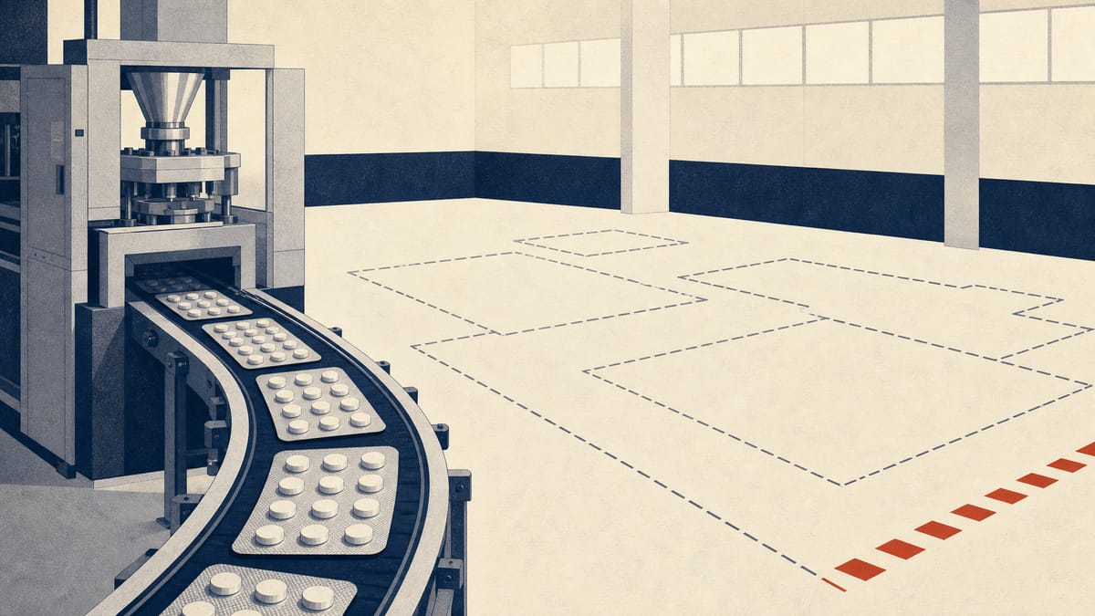 A generic-drug tablet production line with blister packs on a conveyor and an empty equipment bay beside it.