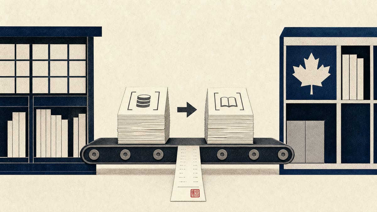 Illustration of stacks of manuscripts and digital review-copy icons moving from one shelf module to another, representing the sale of publishing-software subsidiaries.