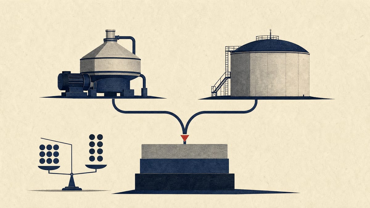 Stylised illustration of an industrial centrifuge and a water-treatment digester tank joined by a flow line into one combined corporate structure diagram