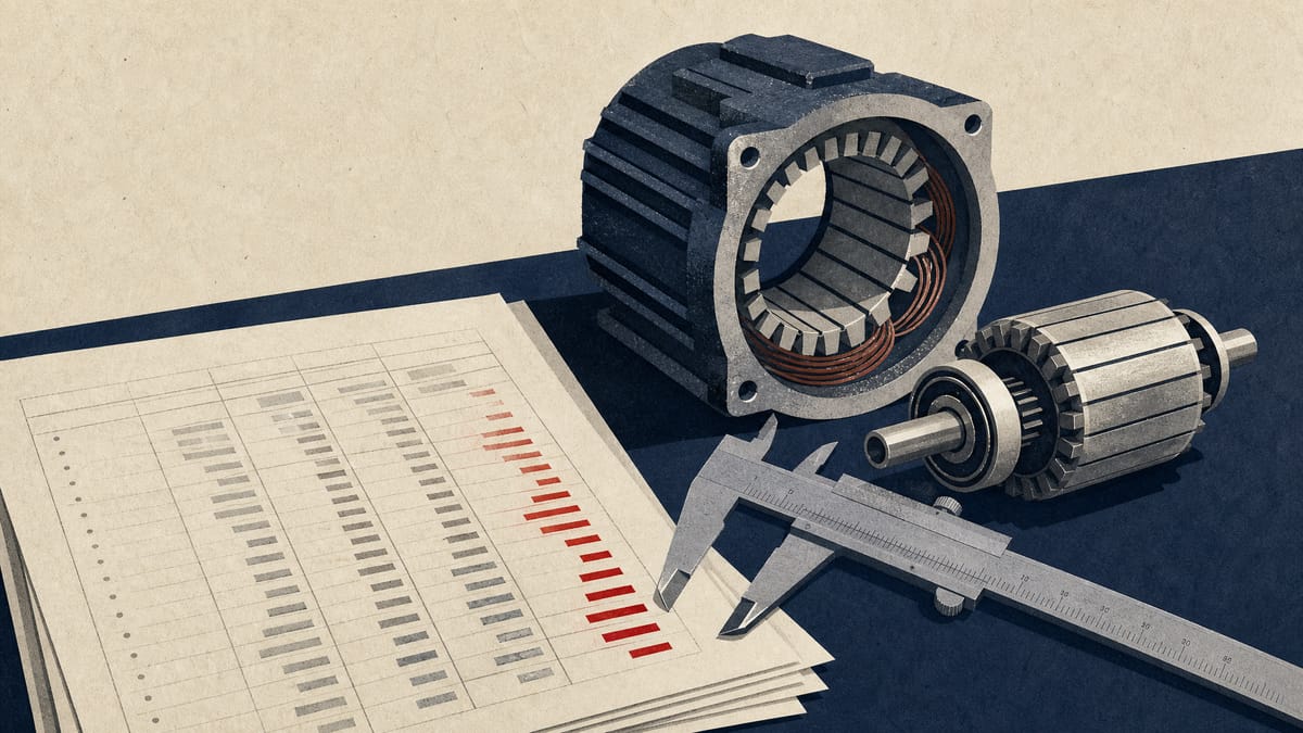 A disassembled electric motor on a workbench resting on ledger sheets with negative columns marked in red, suggesting write-downs on motor businesses.